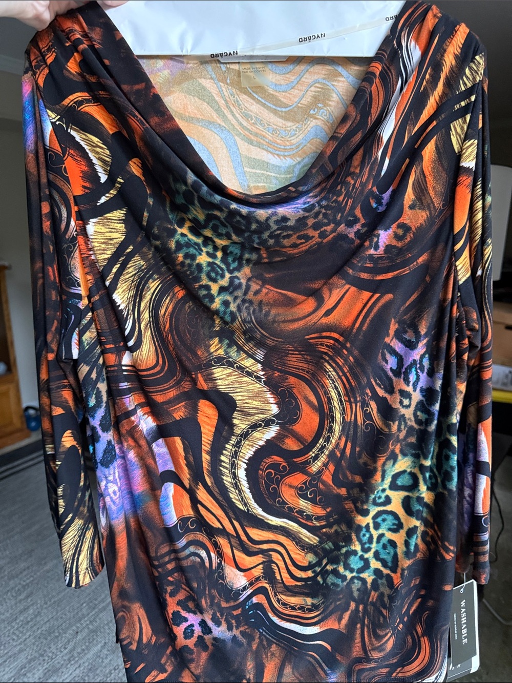 Ladies Orange Black Multicolor Cowl-Neck blouse, Sz. L; 3 qtr length sleeve